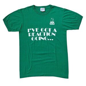 80s vintage "I've got a reaction going" t-shirt Science Experiment slogan joke.